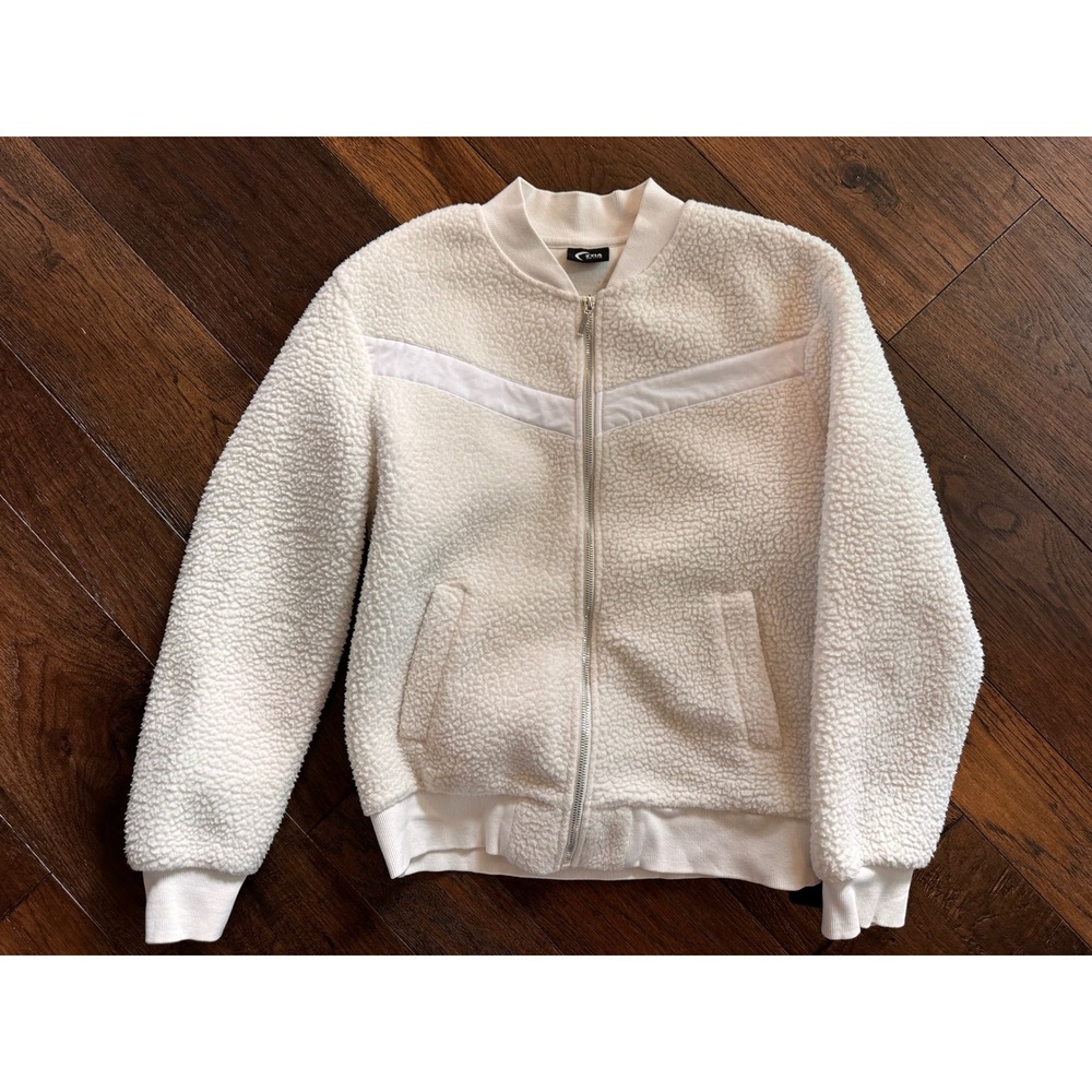 Zyia Active Cream White Sherpa Bomber Jacket Full Zip Women Medium